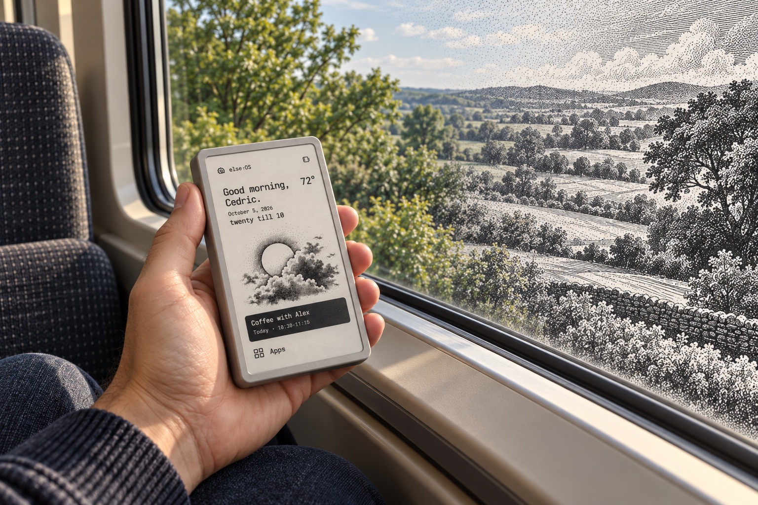 Concept image of a hand holding an e-paper device by a train window, with the countryside shifting into engraved lines