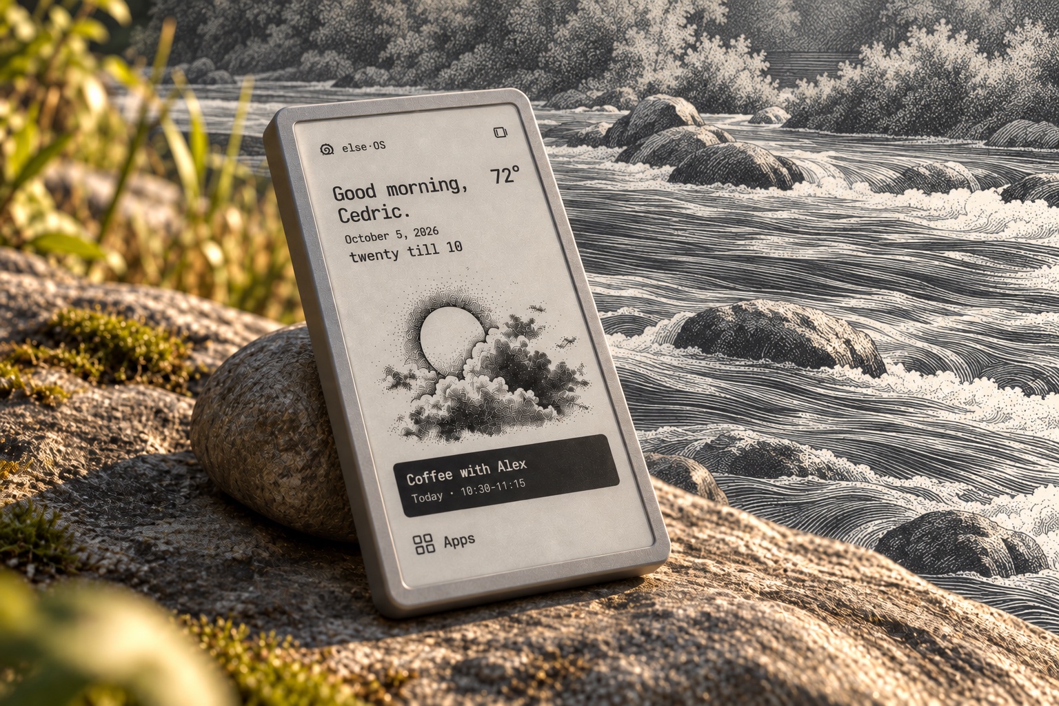 Concept image of an e-paper device beside a river depicted with flowing engraved ink lines
