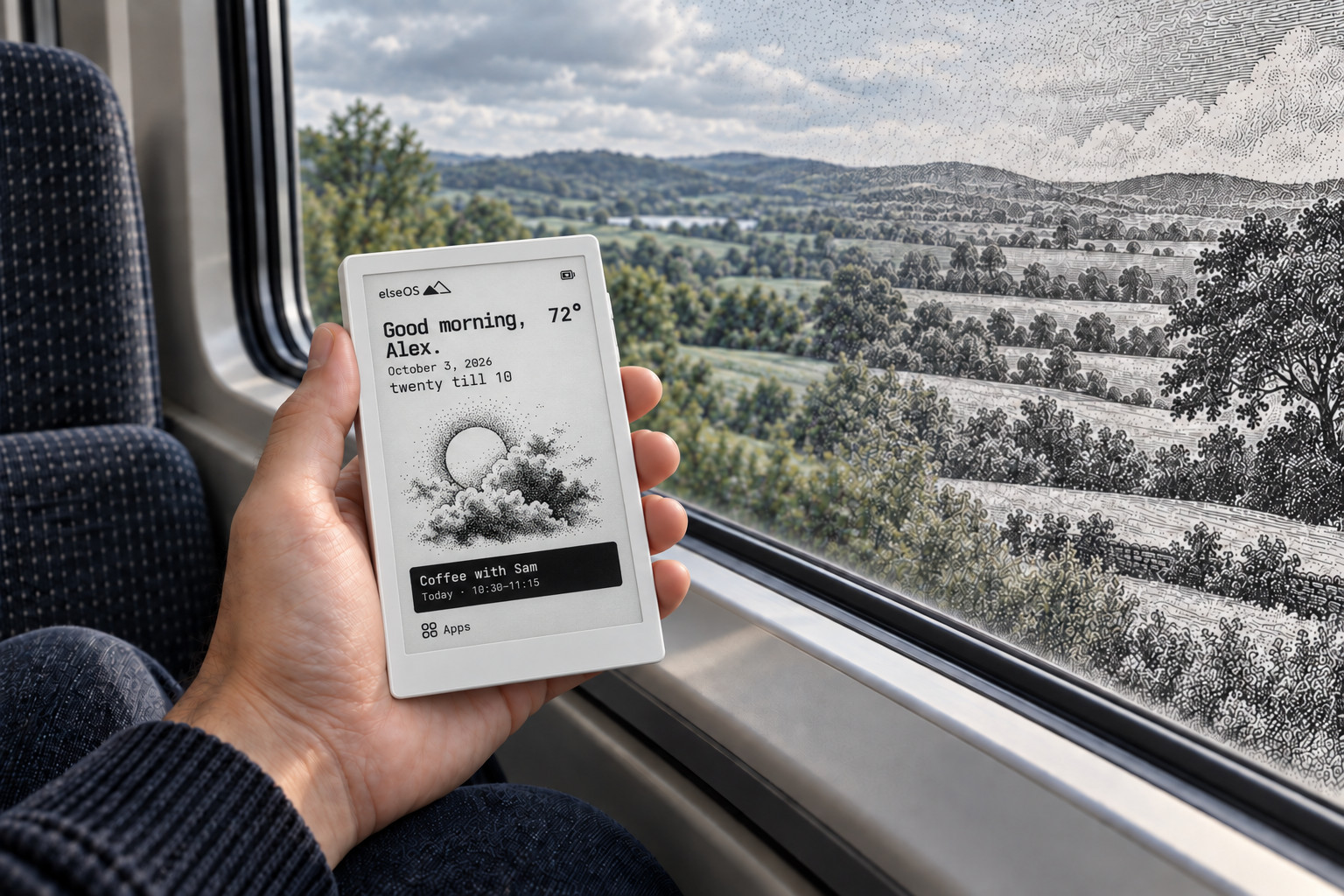 A hand holding a white Seeed Studio Sticky by a train window, showing elseOS Today with Alex and a Coffee with Sam event