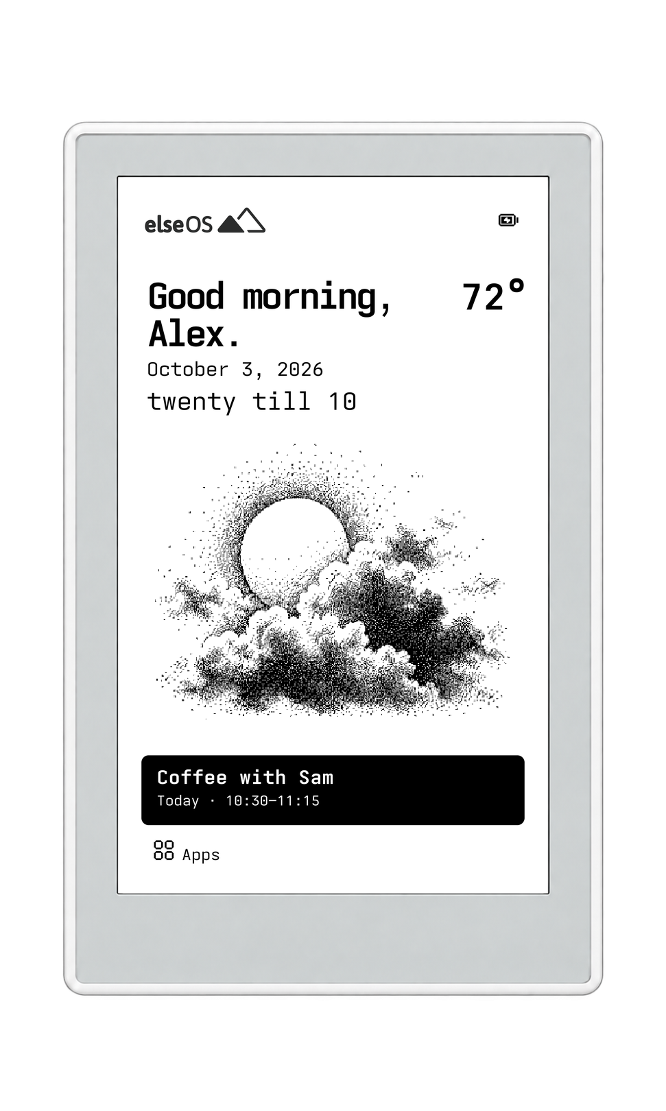 Generated front view of a white Seeed Studio Sticky with the authentic Alex Today screen composited into its display