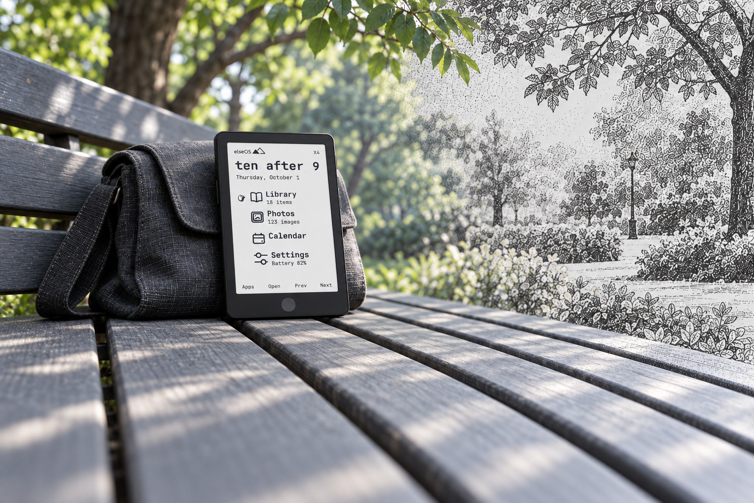 A black XTEINK X4 Pro showing elseOS on a park bench beside a charcoal bag, with leafy scenery becoming engraved ink lines