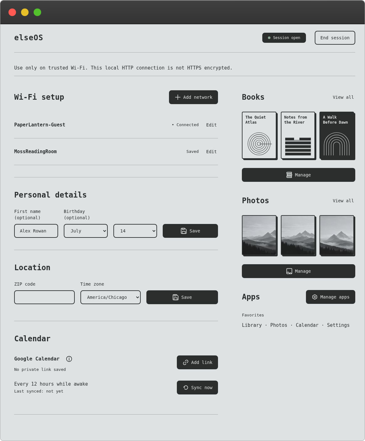 elseOS local setup screenshot in a dark browser frame, showing Wi-Fi, books, photos, apps and Calendar controls
