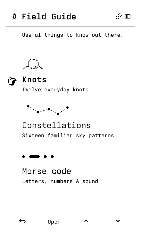 Figma render of elseOS Field Guide with knots, constellations and Morse code