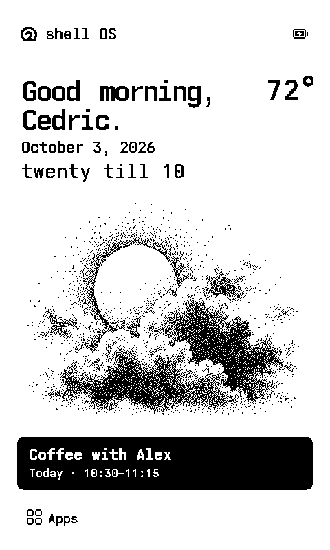 Native Today screen showing a greeting, time, weather illustration, and calendar event