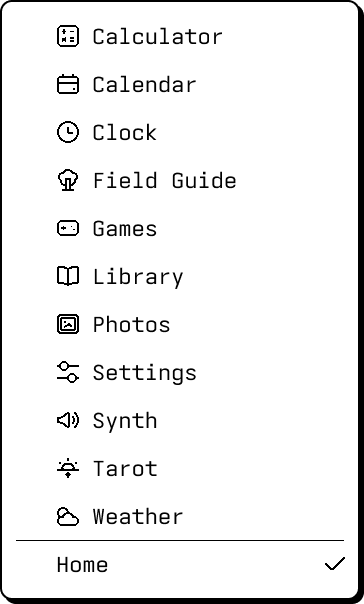 elseOS app menu with icon-led Calendar, Library, and Field Guide entries