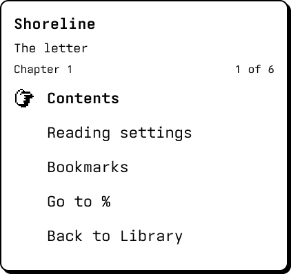 elseOS reader menu showing the current chapter and page, Contents, Reading settings, and Bookmarks