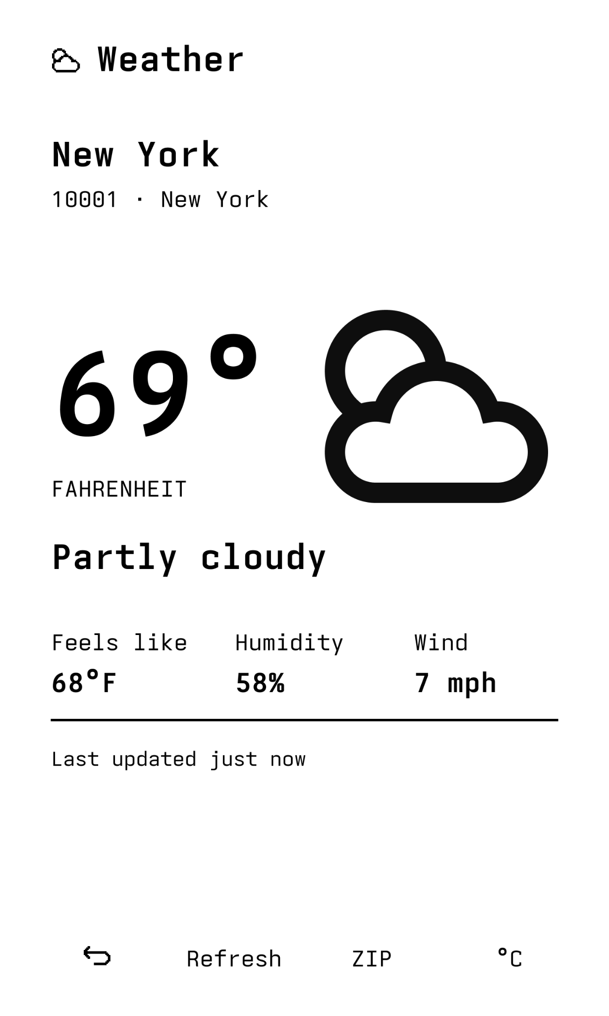elseOS Weather showing 69°F and partly cloudy conditions in New York
