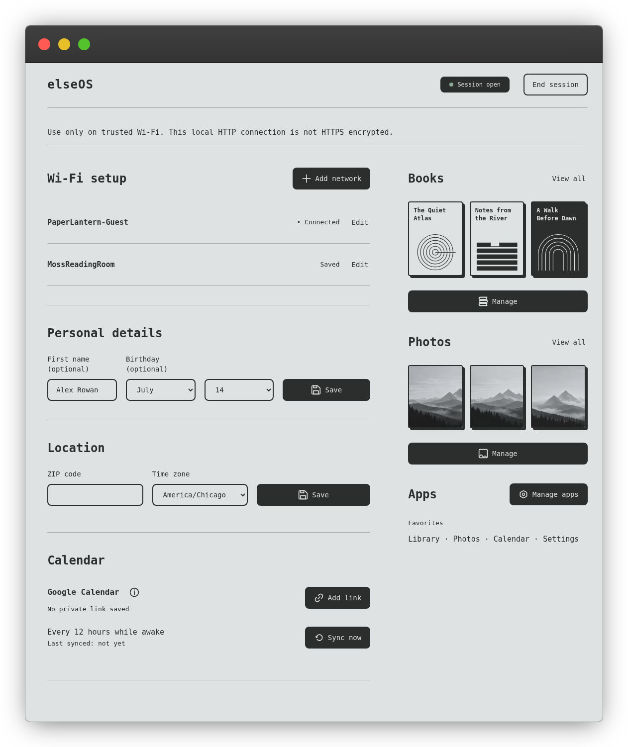 Example elseOS local setup page with Wi-Fi, Books, Photos, Apps, and Calendar controls populated with fictional sample data