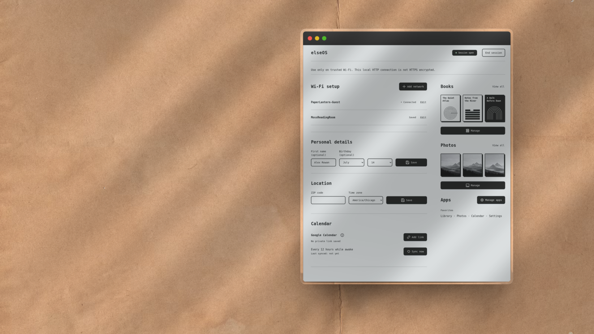 elseOS local setup interface on a warm textured paper background, with Wi-Fi, books, photos, and calendar controls