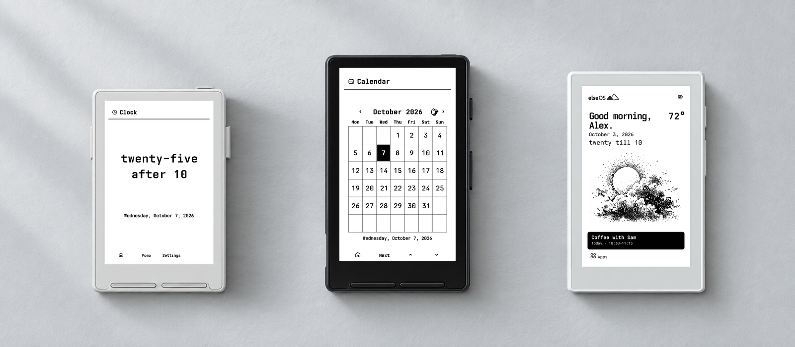 Generated editorial lineup at matched physical scale: light-gray XTEINK X3 with Clock, black original XTEINK X4 with Calendar, and white Seeed Studio Sticky with Today. Authentic interface renders are composited into each display.