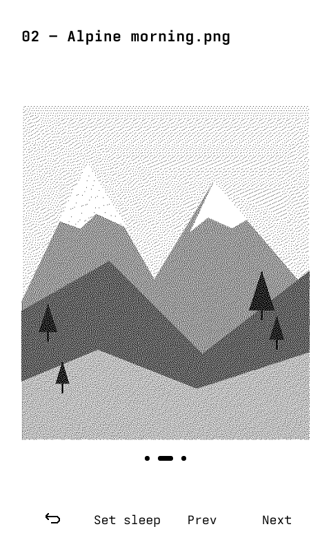 Authentic elseOS Photos viewer for Seeed Studio Sticky showing a dithered mountain landscape