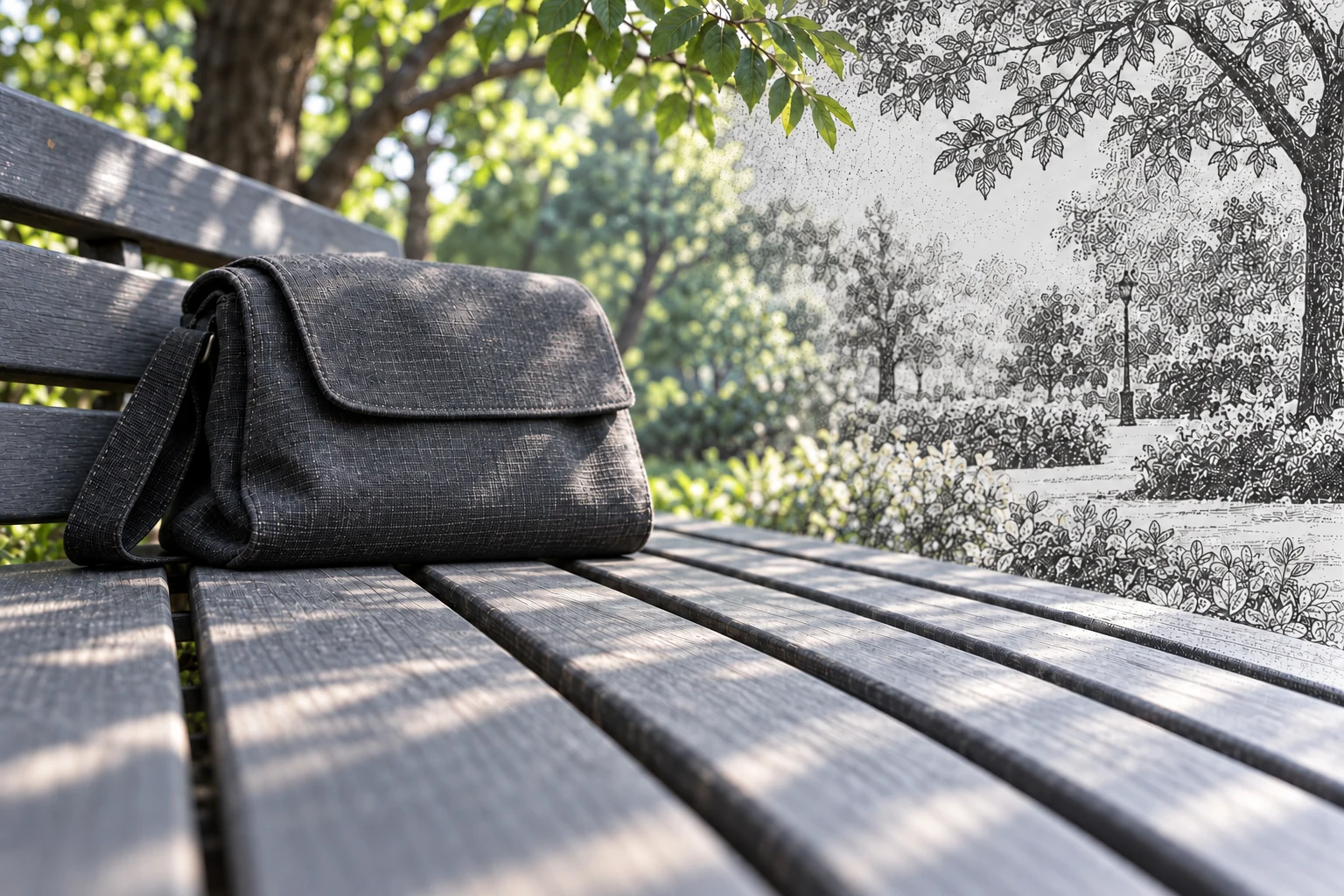 Generated leafy park-bench scene with a charcoal bag and no device