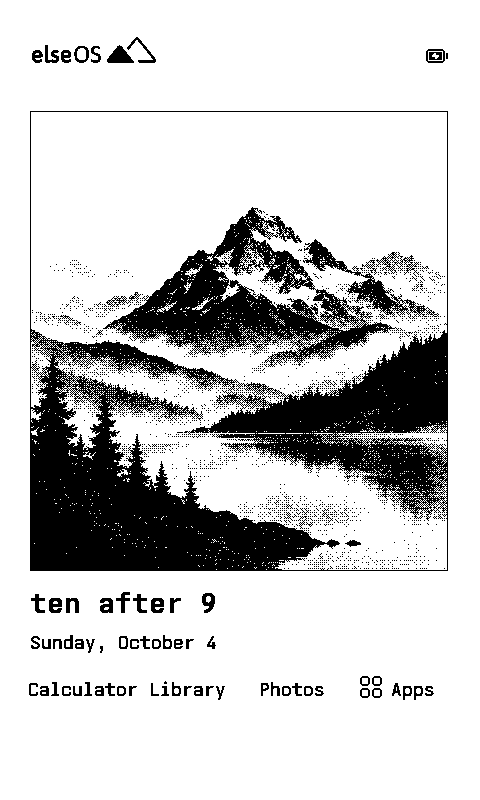 Native elseOS 0.1.47 Gallery Home displaying generated mountain-and-lake wallpaper